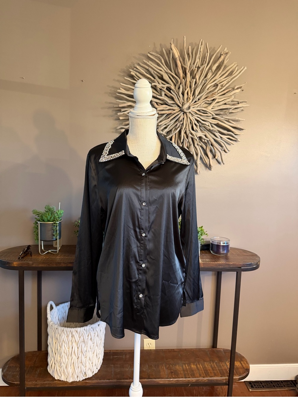 A.Z.I. Black Silky top With Rhinestone‎ Collar